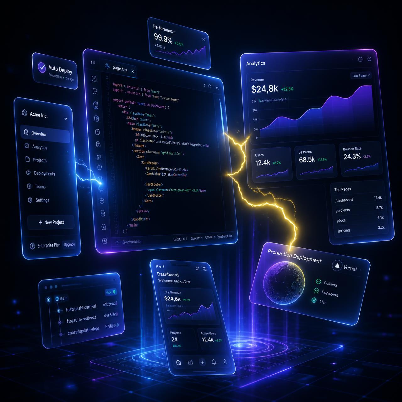 Composição visual: dashboards, código e raio de energia conectando interfaces